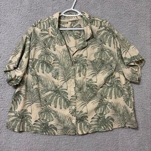 Women's 1X Linen Blend Tropical Button Front Blouse Short Sleeve Summer